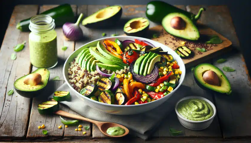 Salade de quinoa aux légumes grillés et vinaigrette à l’avocat