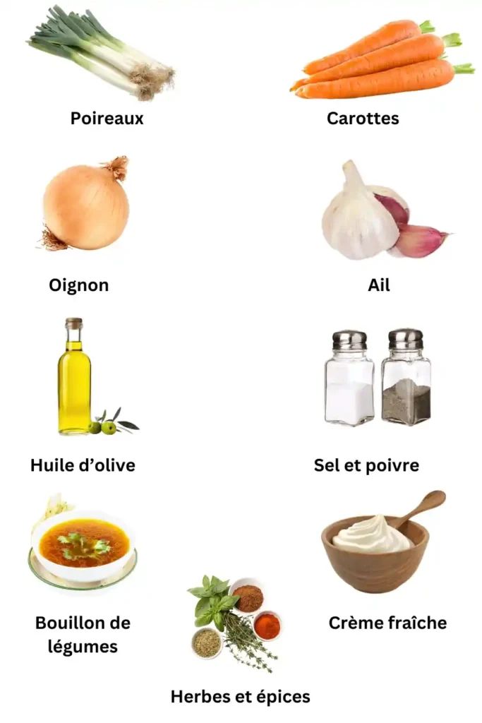 Ingrédients essentiels pour la recette de poireaux et carottes