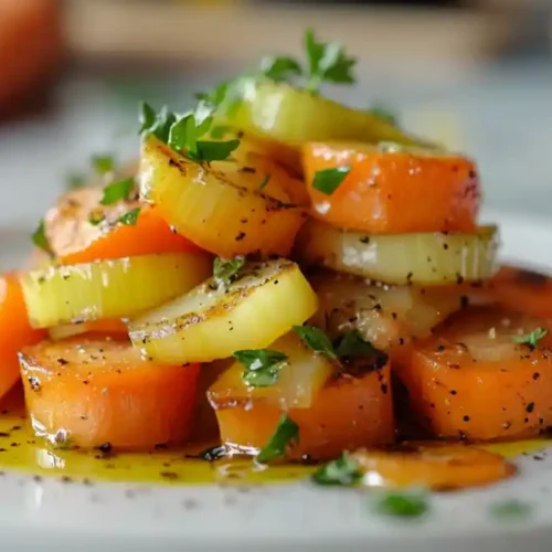 Plat savoureux de poireaux et carottes sautés avec huile d’olive et herbes fraîches
