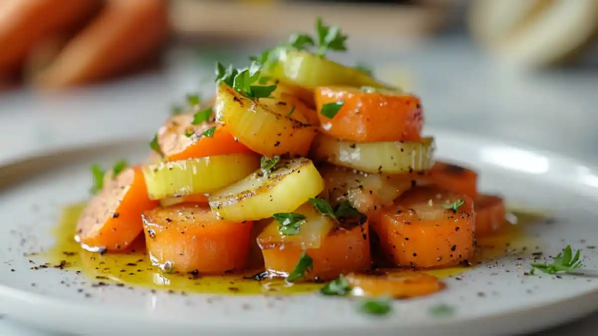 Plat savoureux de poireaux et carottes sautés avec huile d’olive et herbes fraîches