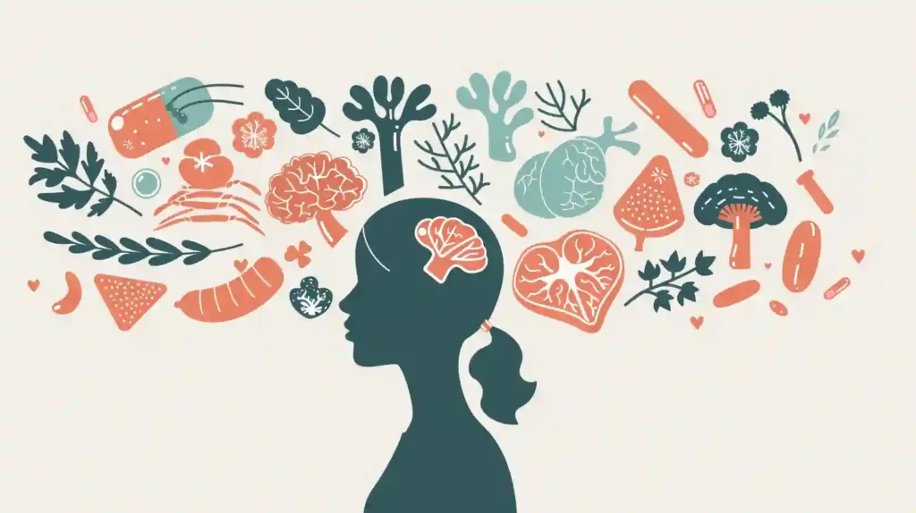 Illustration d’une femme entourée d’aliments symbolisant les effets nutritionnels sur la santé physique et mentale pendant un régime restrictif.
