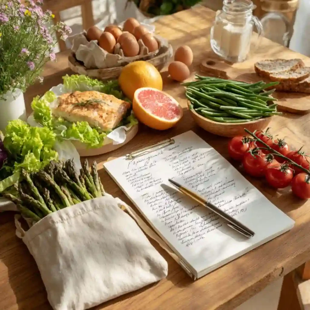 Liste de courses manuscrite avec aliments du Régime Natman sur table en bois