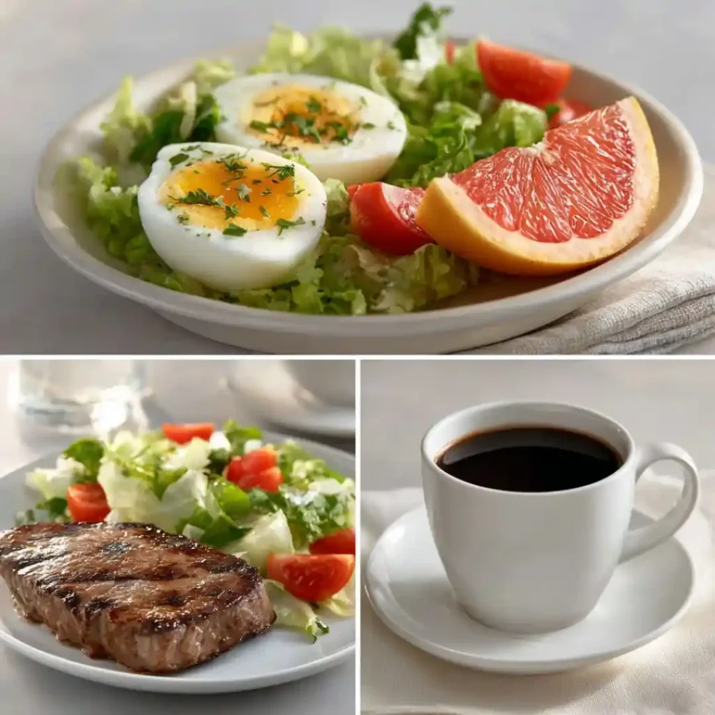 Repas typiques du Régime Natman avec steak, œufs, salade, pamplemousse et café noir