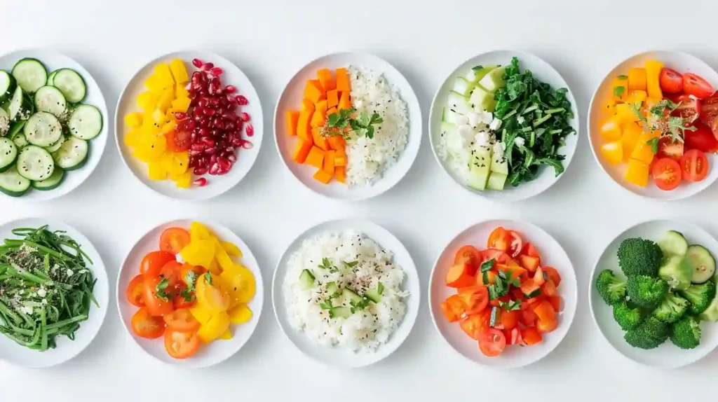 Assortiment de repas colorés à base de légumes et riz, représentant un plan alimentaire équilibré pour le régime soupe au choux 14 jours.