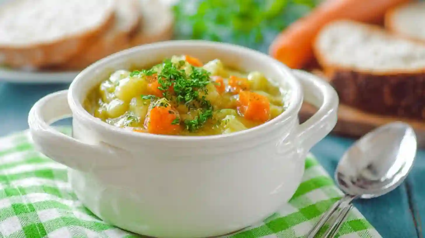 Soupe au choux maison servie dans un bol blanc sur une nappe verte, idéale pour le régime soupe au choux 14 jours.