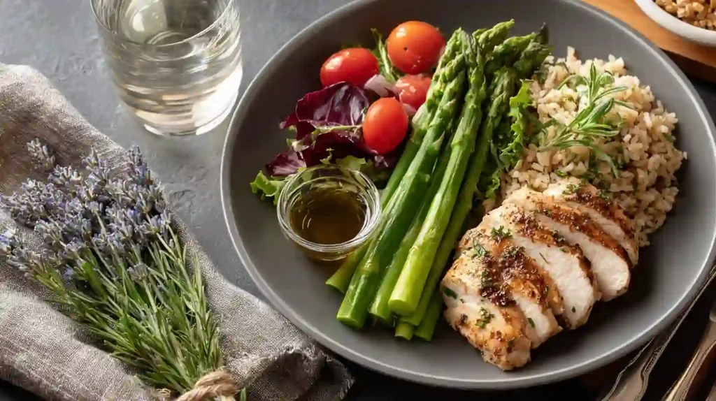 Assiette équilibrée composée de légumes, riz complet et poulet grillé, avec huile d’olive