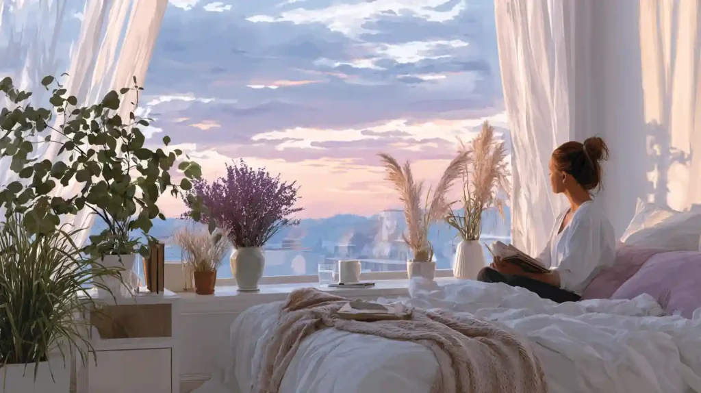 Femme profitant d’un matin paisible dans une chambre lumineuse, entourée de plantes