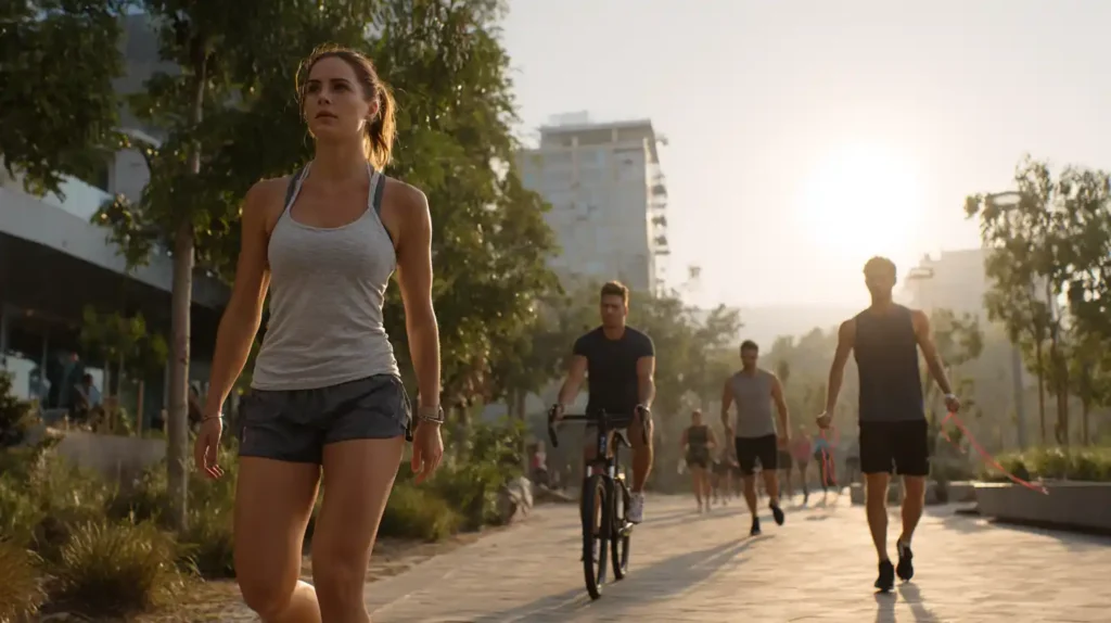 Femme faisant du sport en plein air au lever du soleil, entourée d’autres sportifs