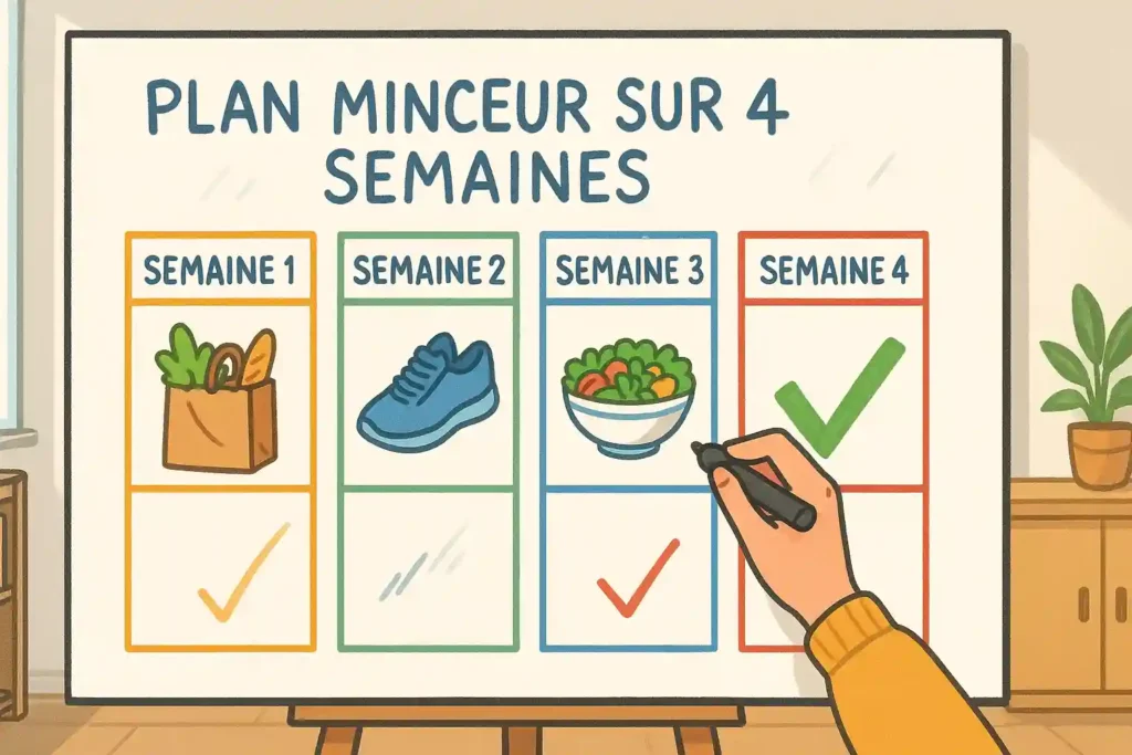 Calendrier illustré d’un plan minceur sur 4 semaines avec icônes motivantes