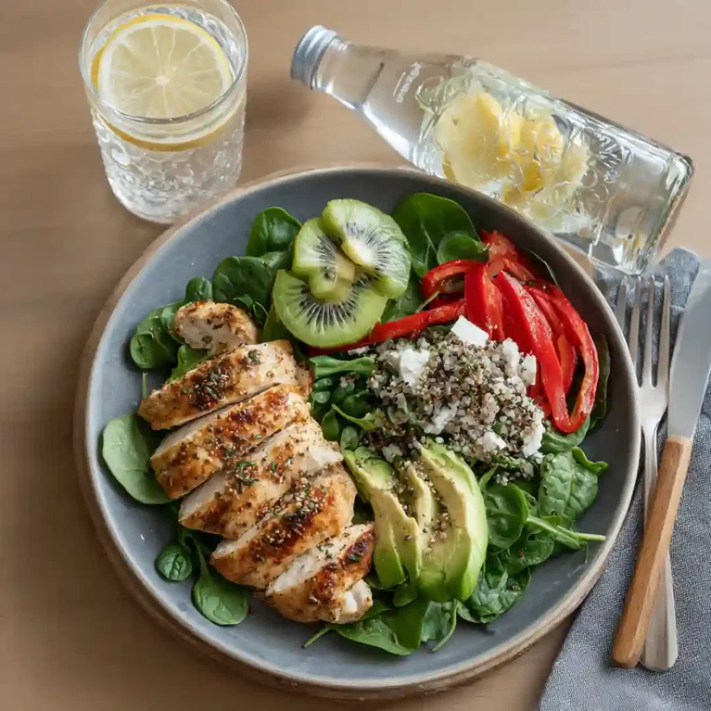 Assiette équilibrée avec poulet, avocat, kiwi, épinards et eau citronnée