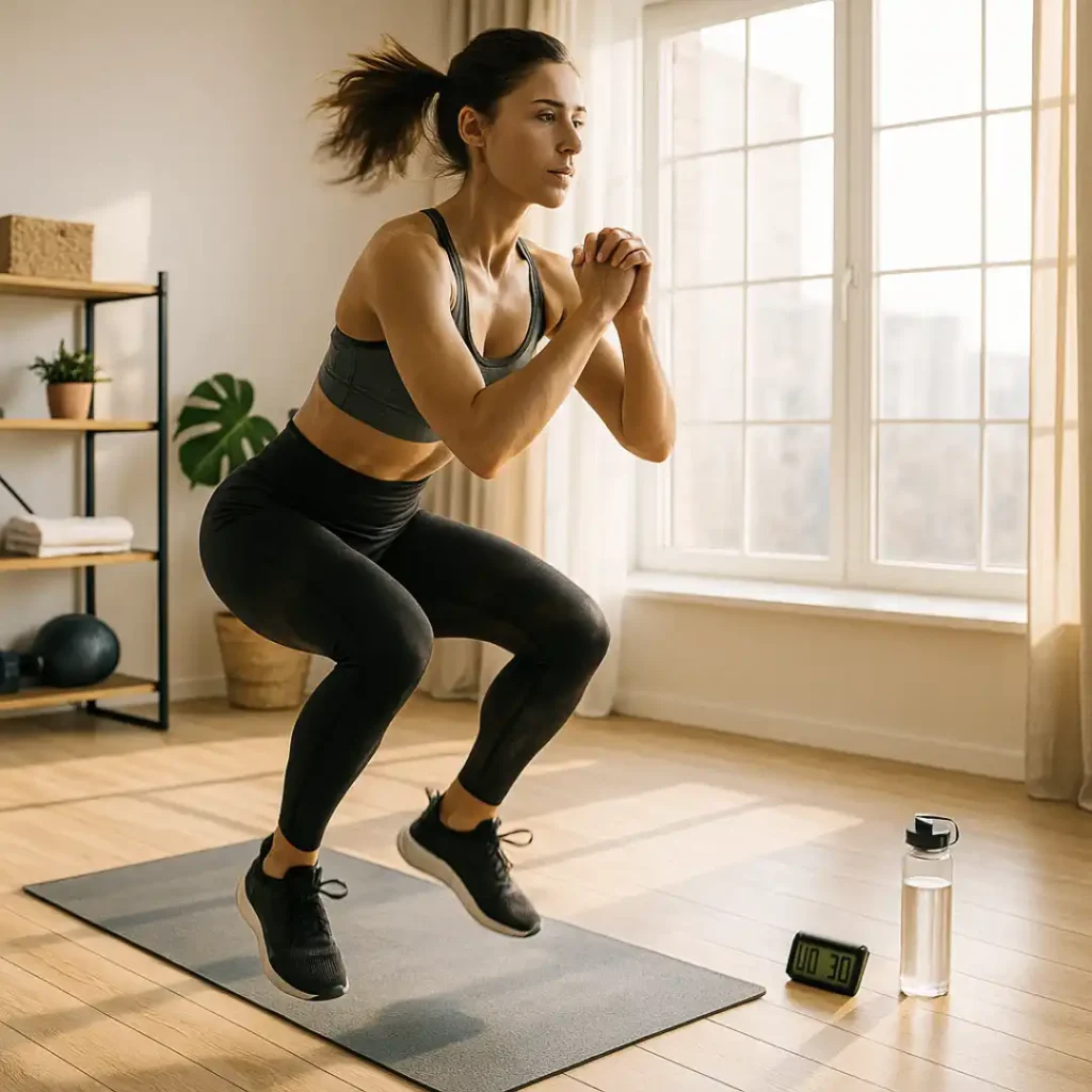 Femme en plein saut durant un squat jump dans un salon lumineux avec tapis et minuteur