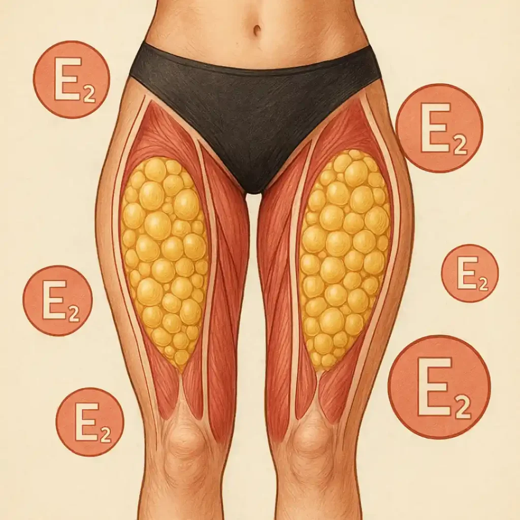 Illustration médicale de la graisse accumulée dans les cuisses avec symboles hormonaux œstrogènes