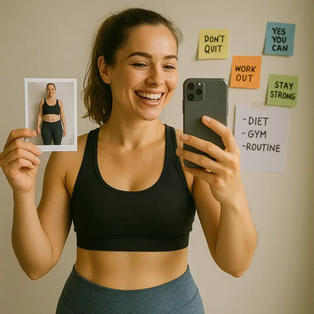 Femme souriante prenant un selfie en tenue de sport avec photo avant-après et post-its motivationnels