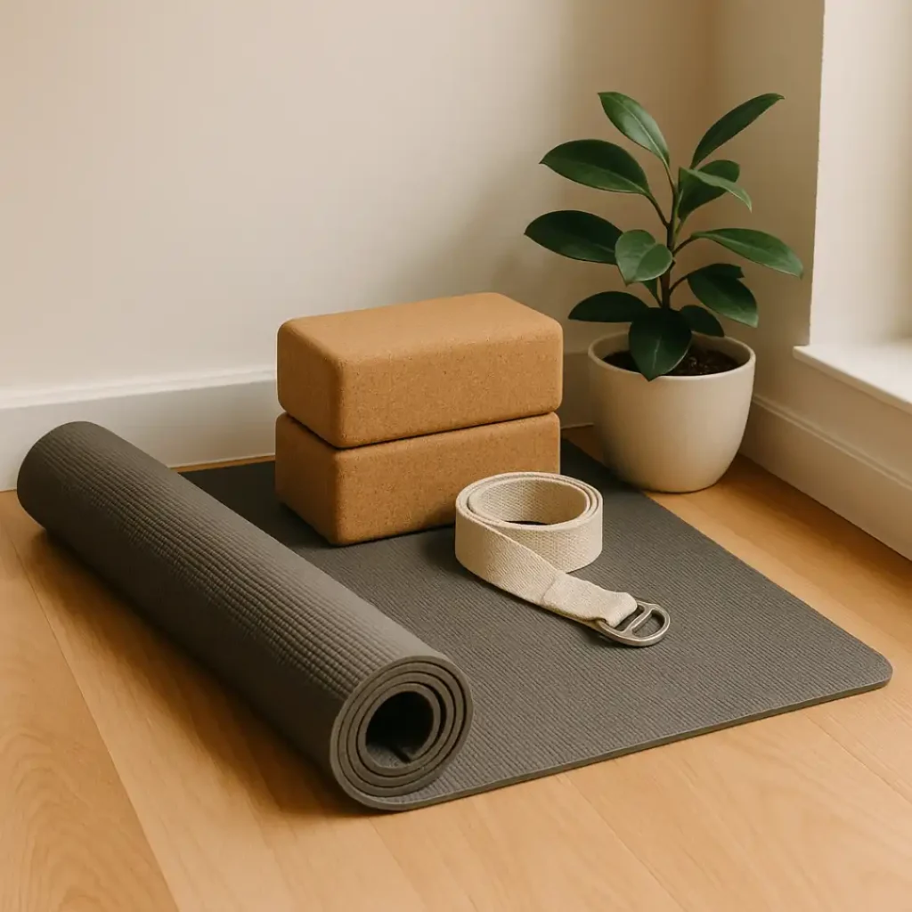 Tapis de yoga enroulé, briques en liège et sangle posés sur un sol en bois, à côté d’une plante verte.