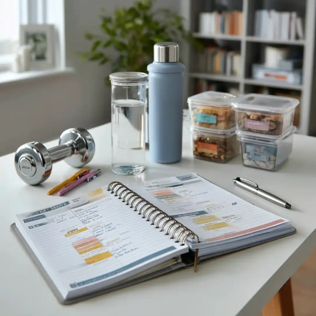 Carnet de planning fitness 4 semaines avec haltères, bouteille d’eau et repas préparés