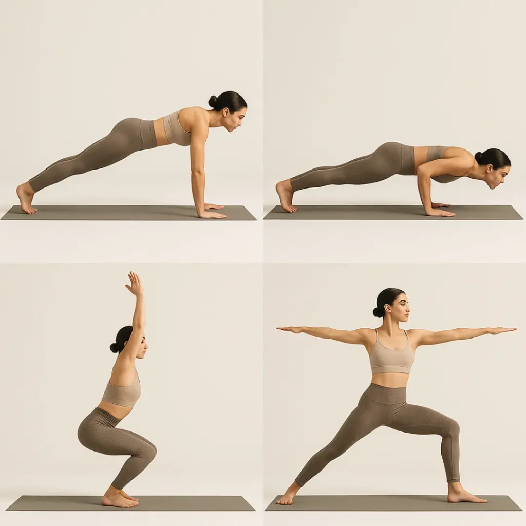 Quatre postures essentielles du yoga minceur : planche, chaturanga, chaise et guerrier II, exécutées avec précision.