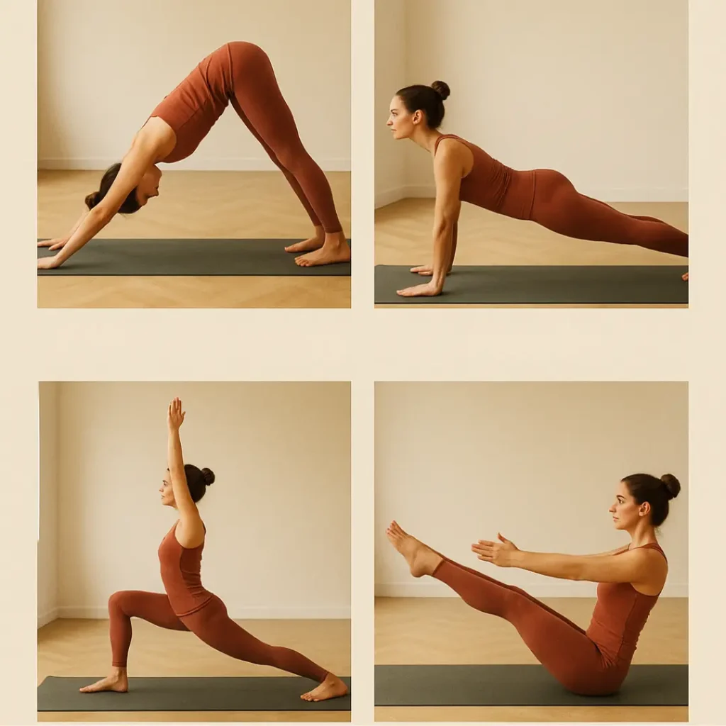 Femme effectuant quatre postures de base dans un programme de yoga débutant pour perdre du poids.