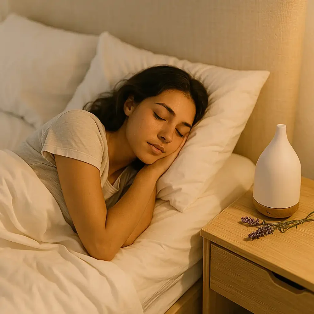 Femme dormant paisiblement sur des draps blancs avec diffuseur de lavande