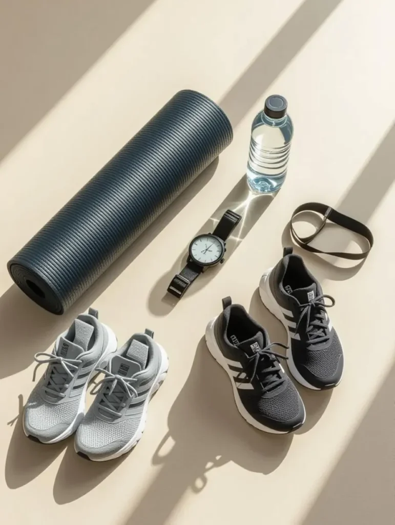 Tapis, baskets, gourde et élastique, le matériel minimal pour un challenge 30 jours perte de poids à la maison.