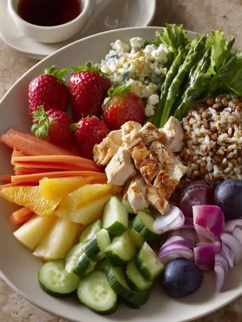 Assiette équilibrée avec légumes, fruits, céréales complètes et protéines maigres, base nutritionnelle du challenge 30 jours perte de poids.