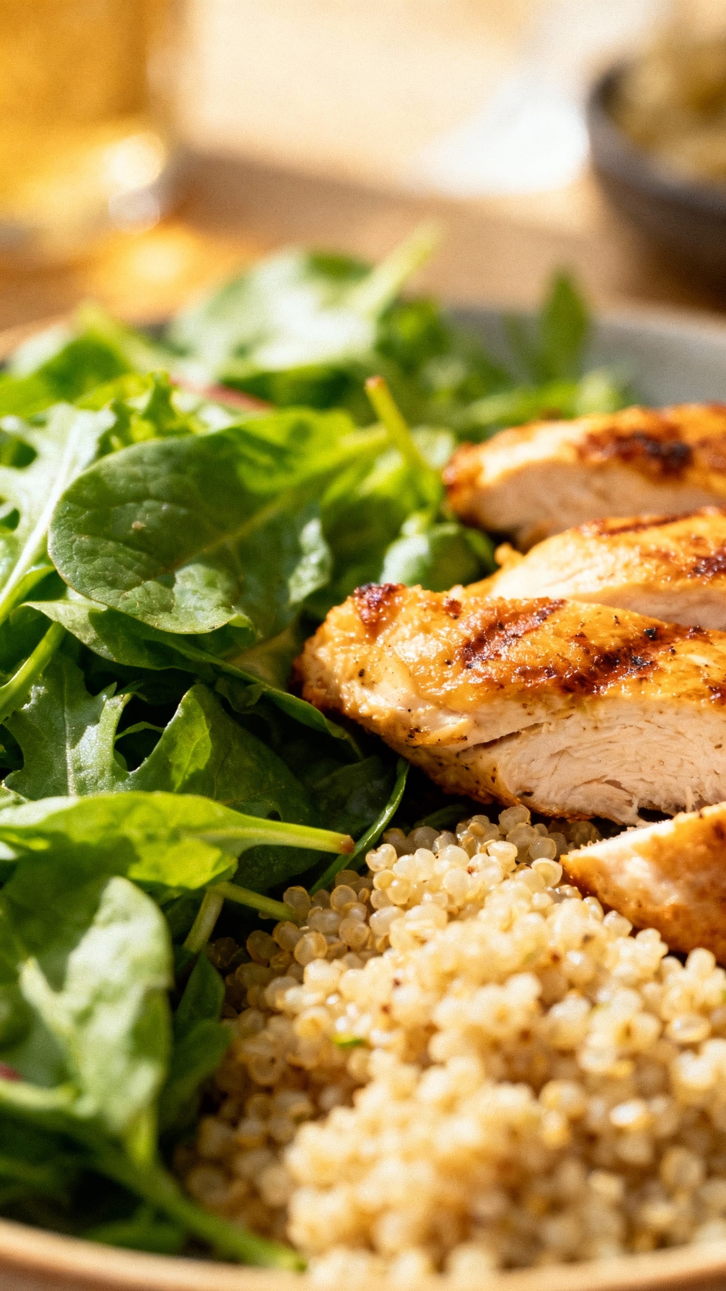 Closeup balanced plate: 50% greens, 25% chicken, 25% quinoa