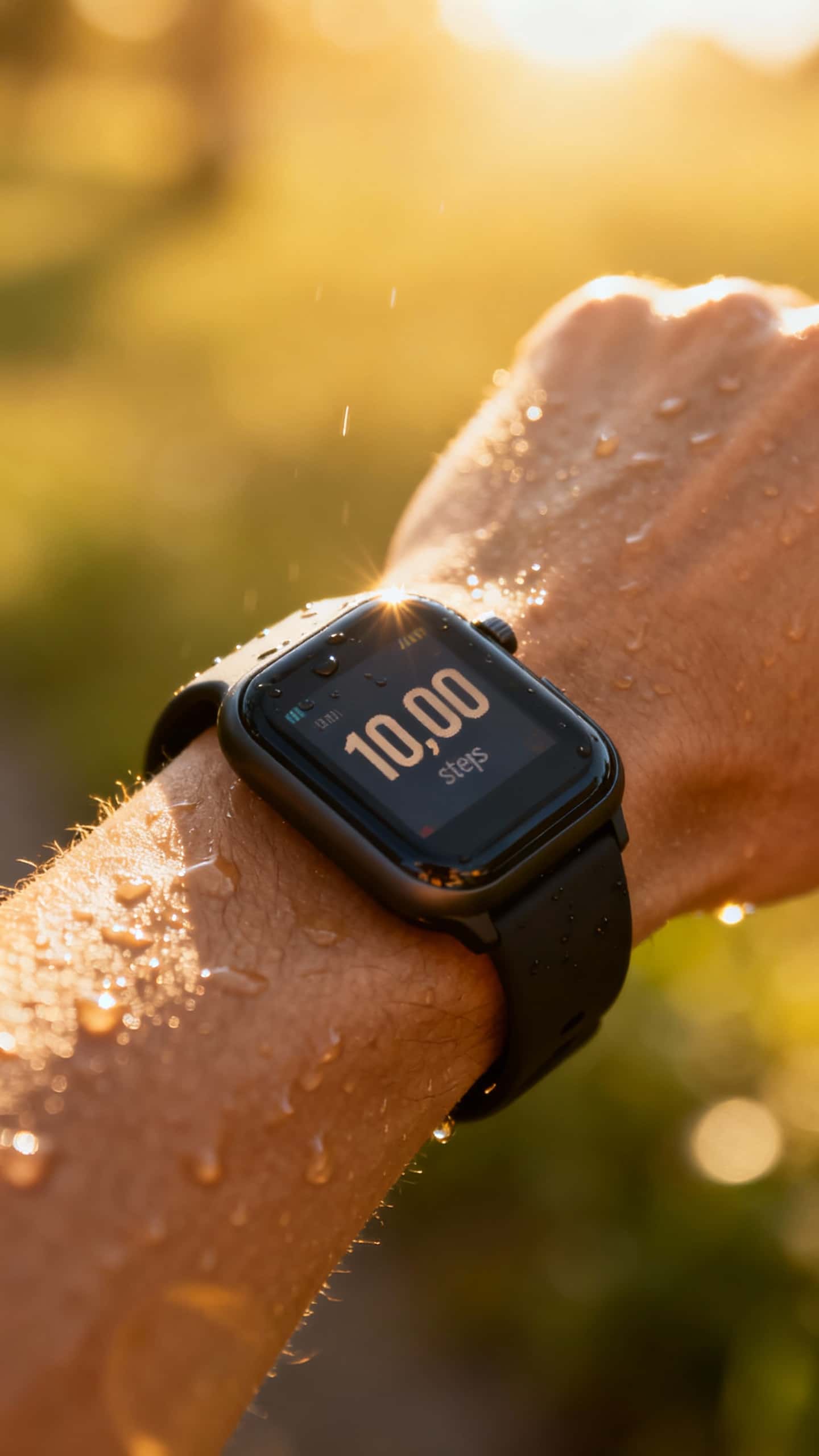 Closeup of fitness watch showing 10,000 steps, sweaty wrist, outdoor sunlight