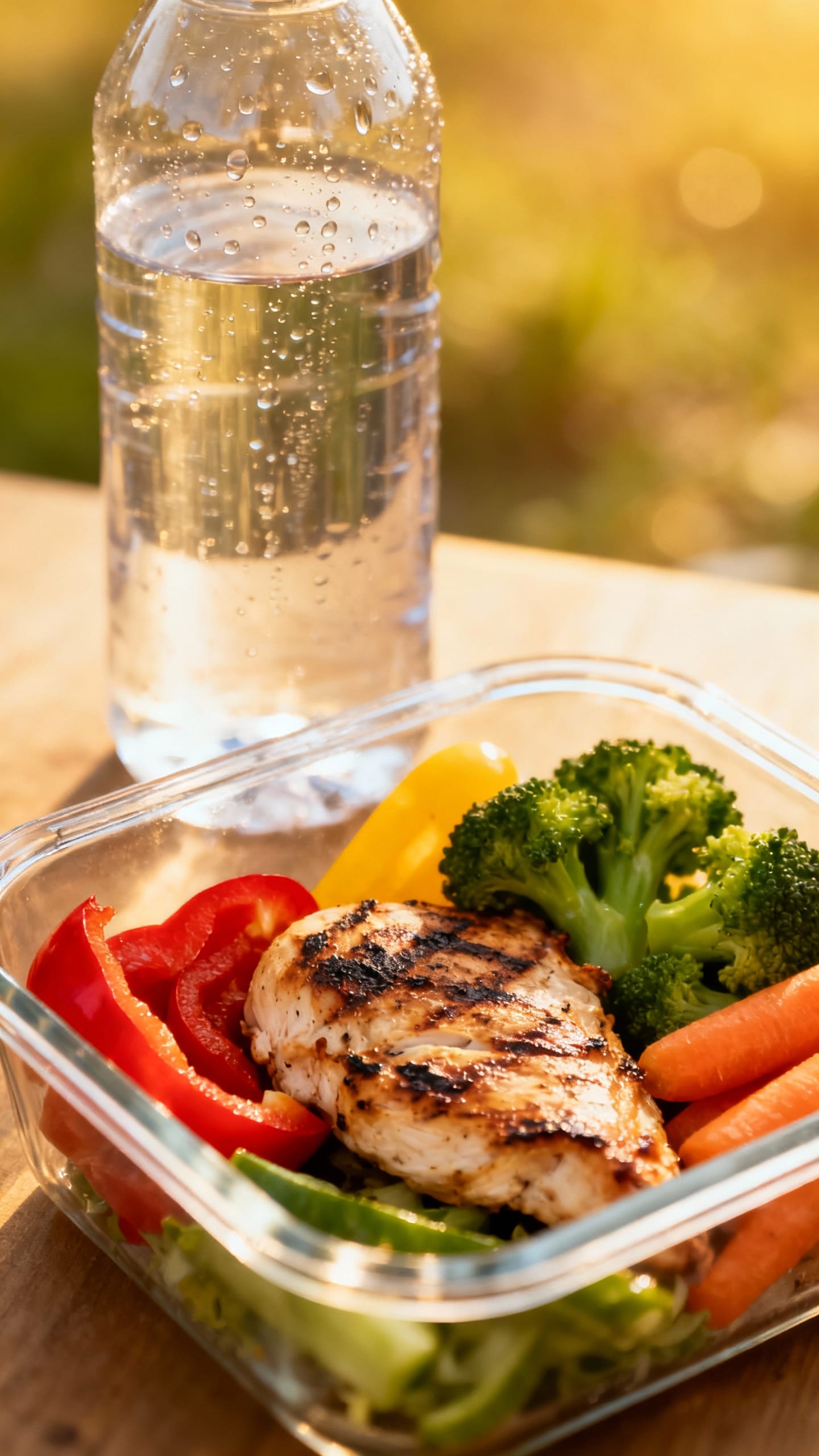Closeup of meal prep container: grilled chicken, colorful vegetables, water bottle nearby