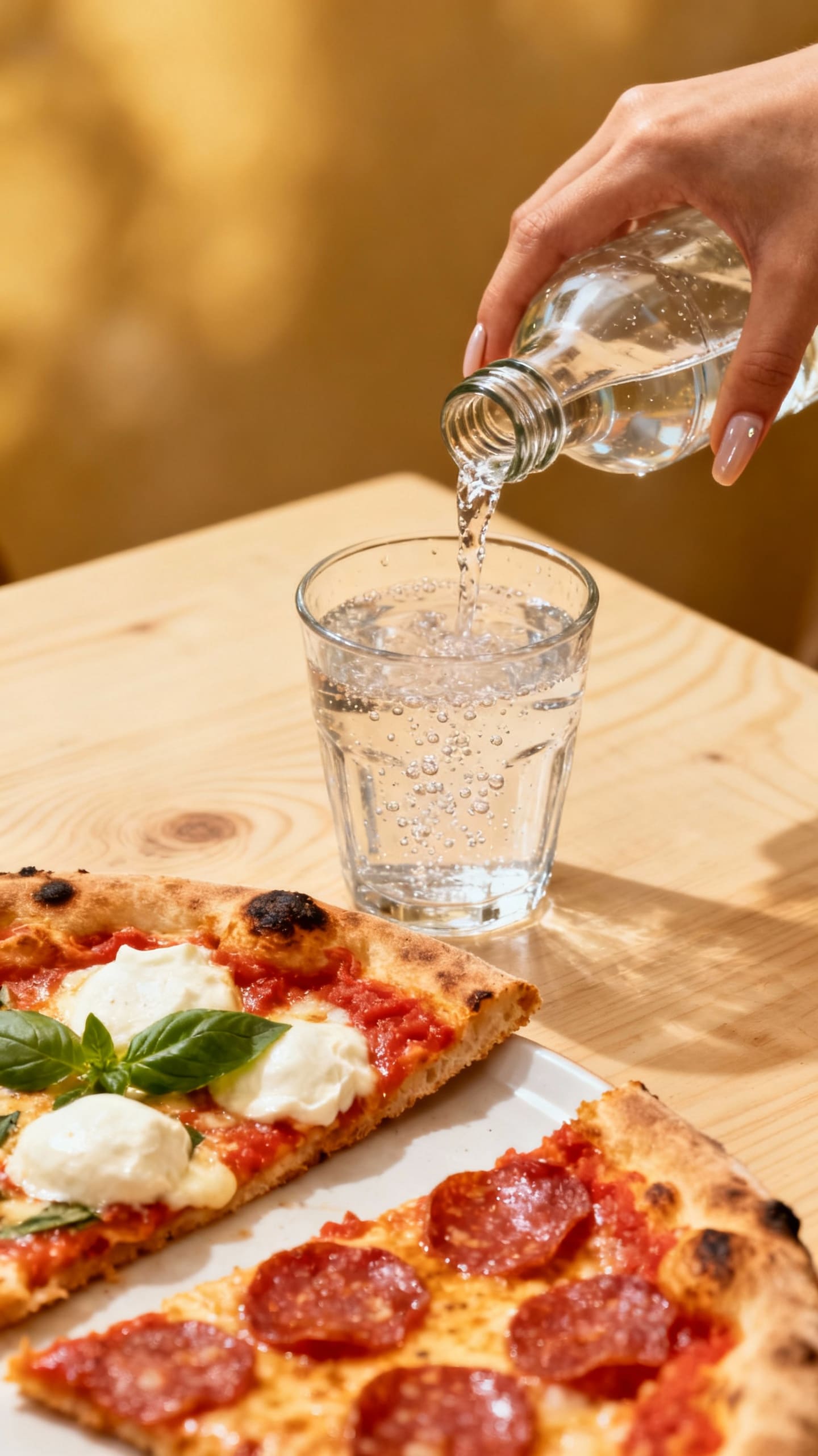 Female hand pouring sparkling water beside two pizza slices