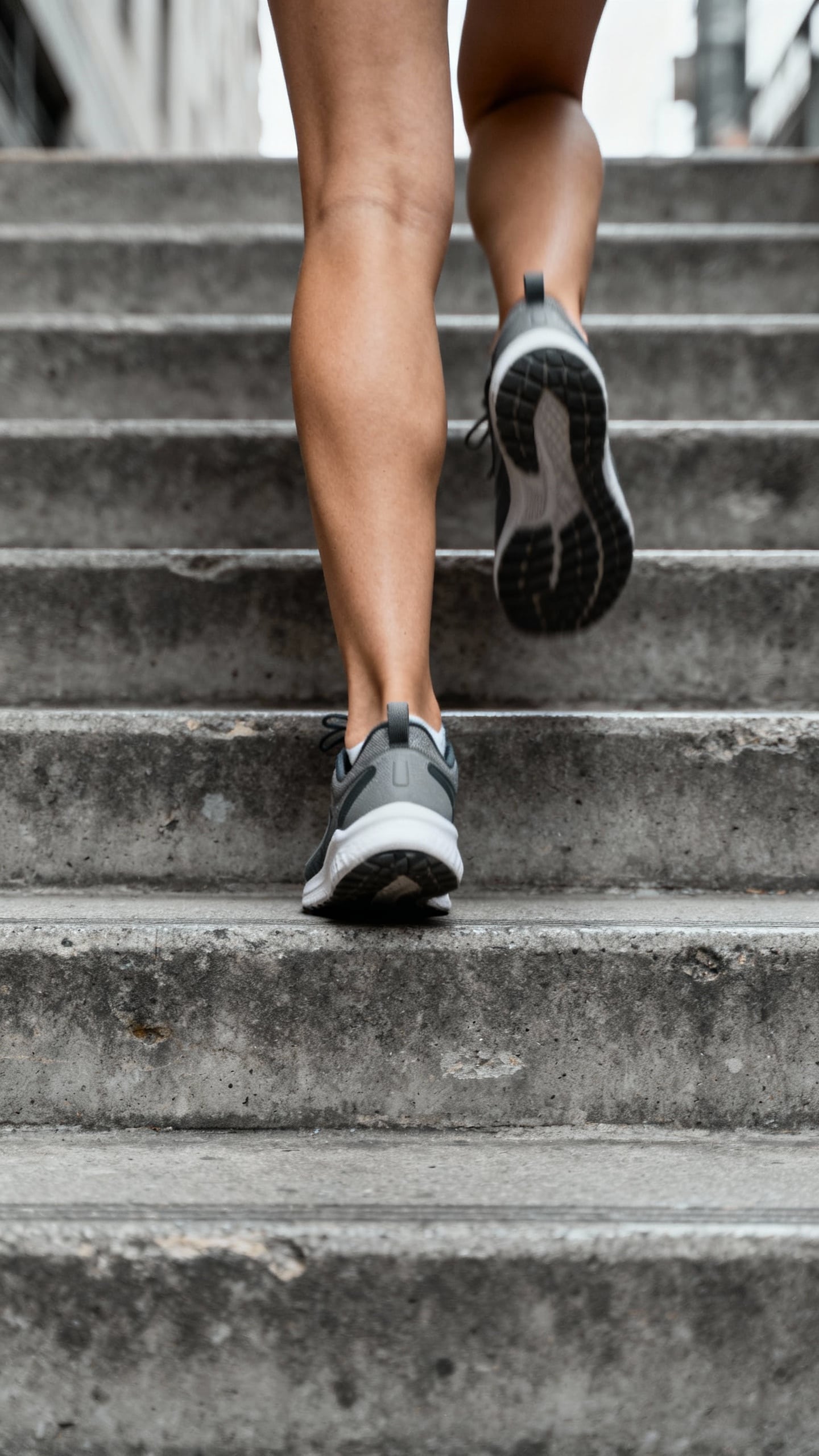 Female legs on city stairs, mid-stride, cushioned running shoes, textured concrete