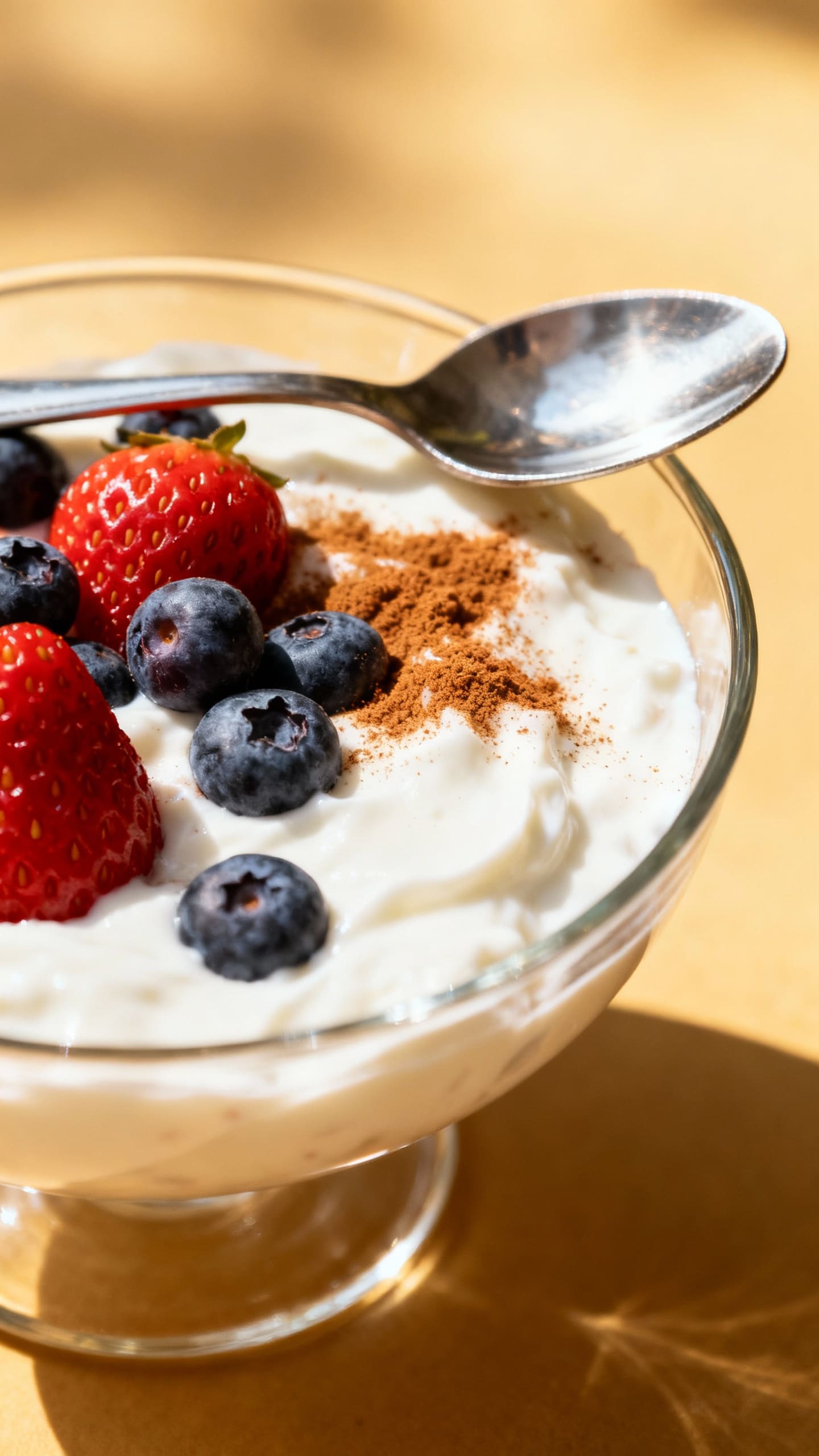 Glass bowl skyr with berries, cinnamon dust, silver spoon