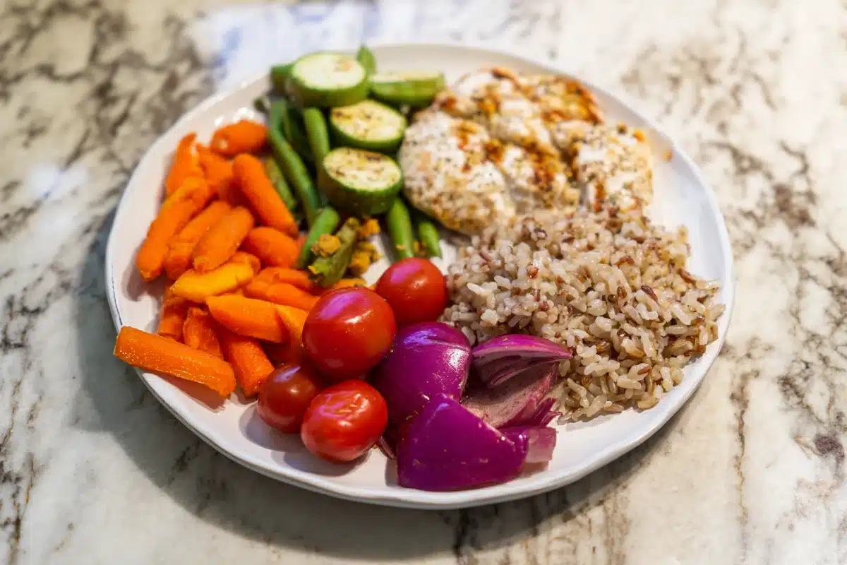 menu équilibré pour maigrir avec assiette colorée