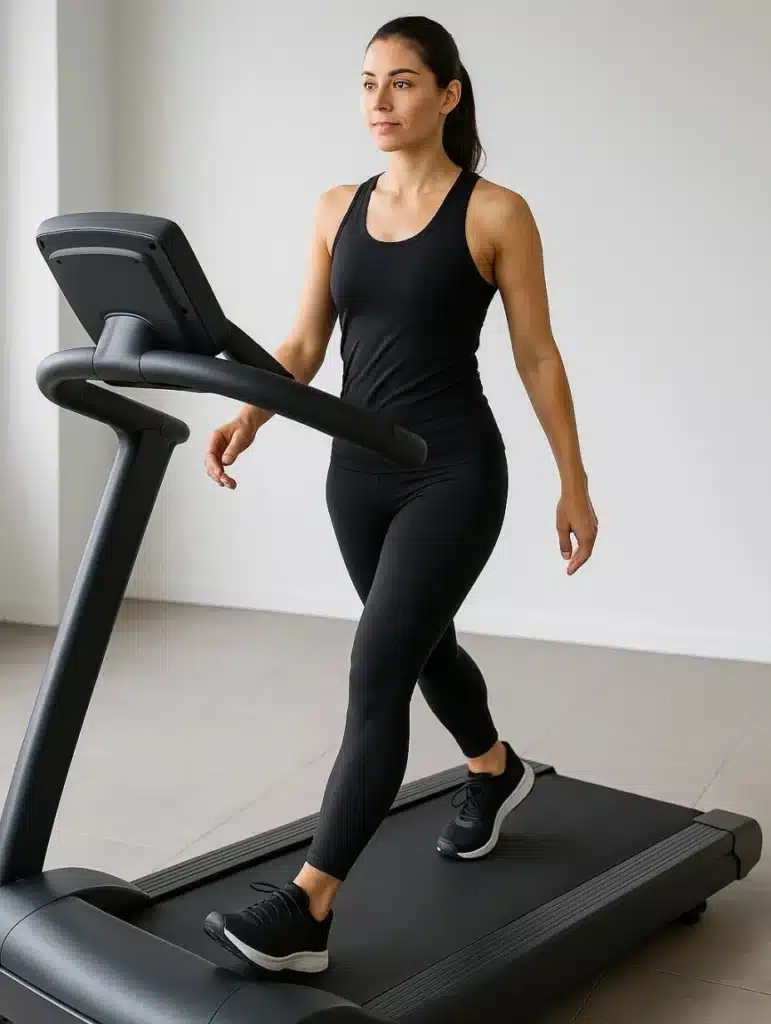 Femme marchant sur tapis de course, posture droite et bras détendus, appliquant la bonne technique de la méthode 12-3-30.