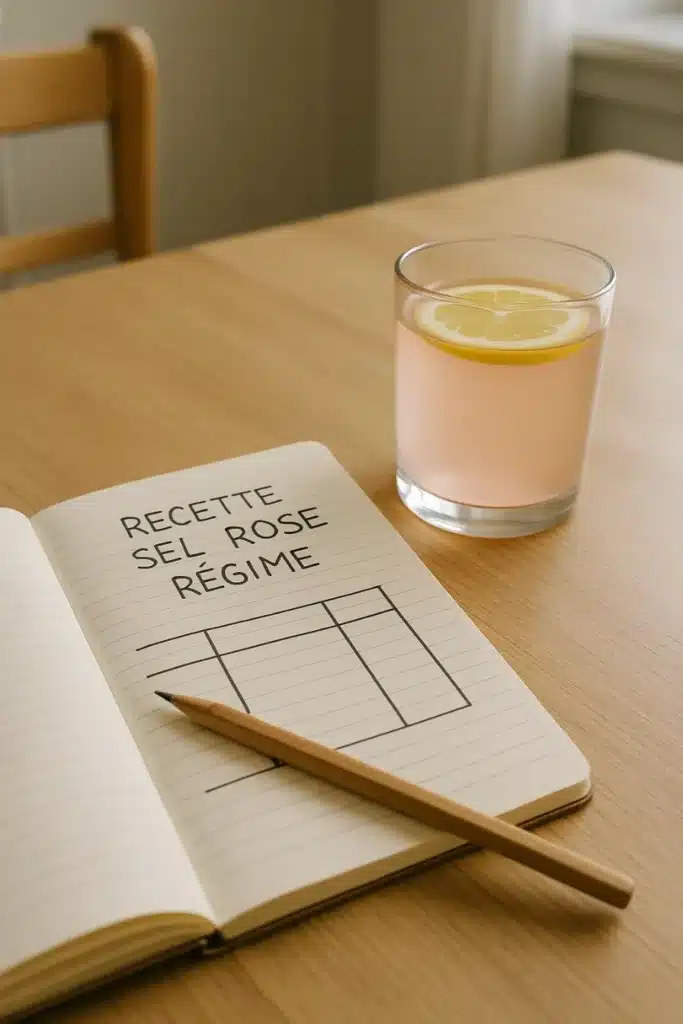 Verre de recette sel rose régime à côté d’un carnet de suivi