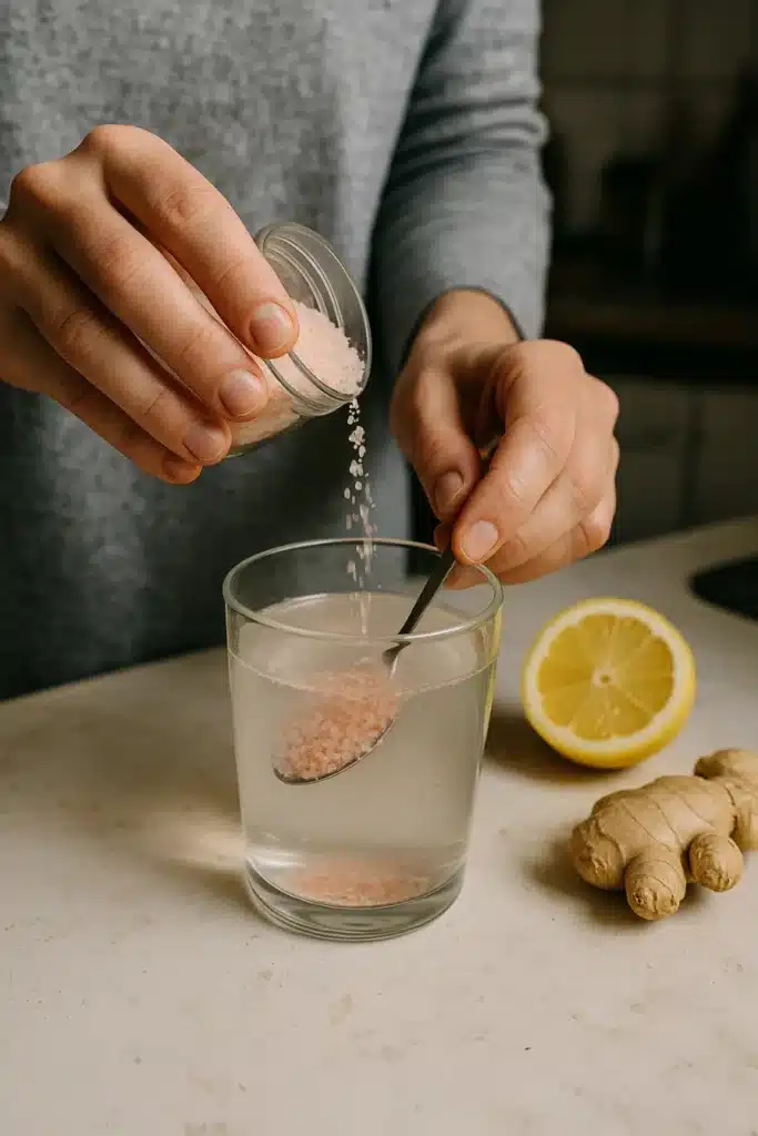 Préparation de la recette sel rose régime avec sel versé dans un verre