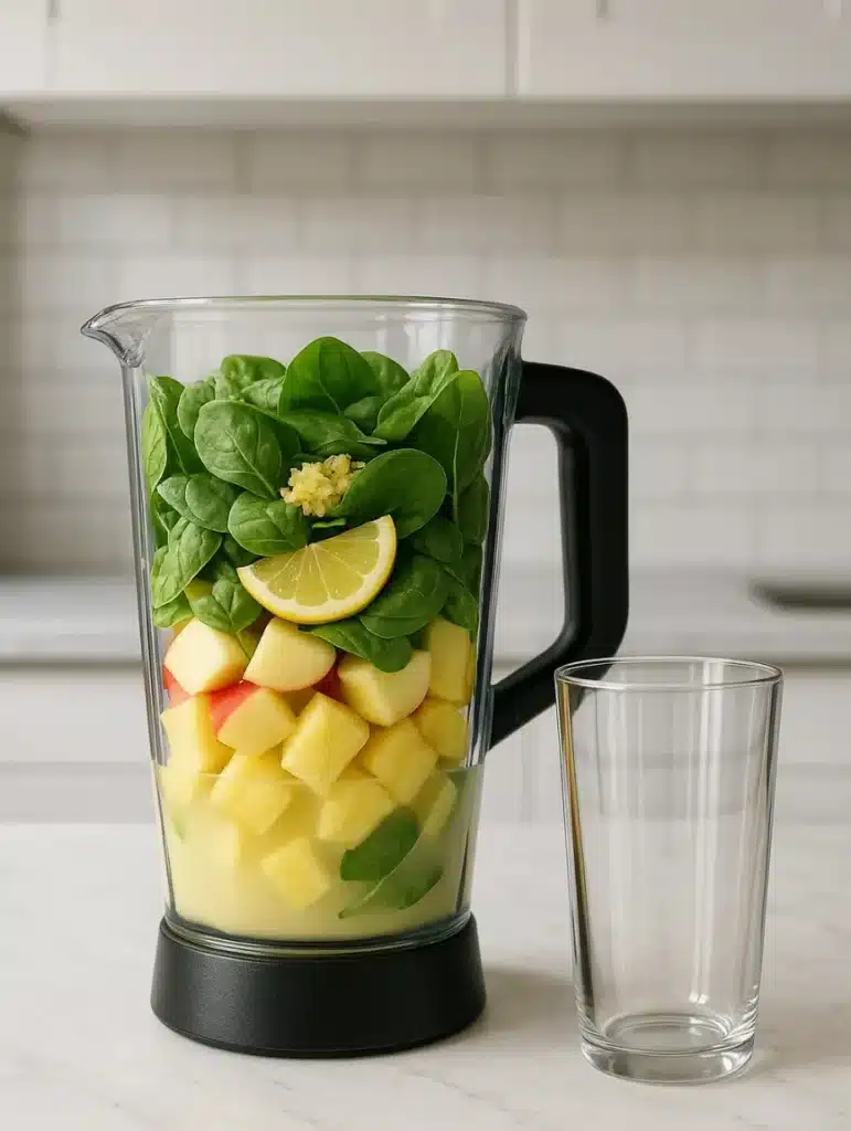 Blender rempli de morceaux d’ananas, pomme, épinards, citron et gingembre pour préparer un smoothie minceur maison.