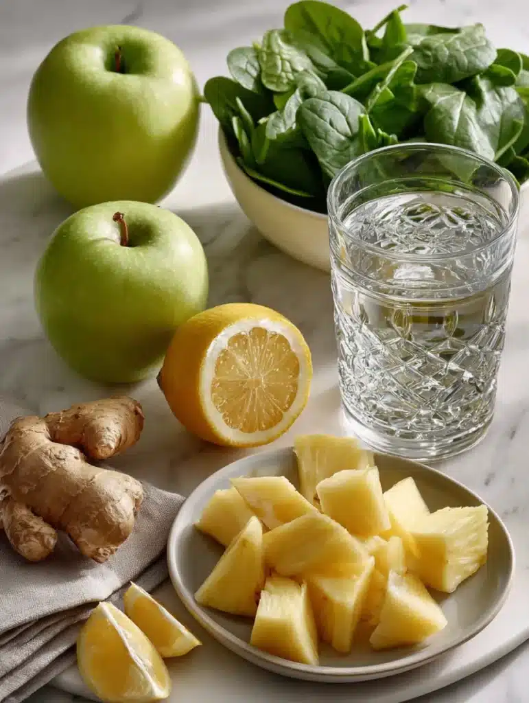 Ananas, pomme verte, citron, gingembre, épinards et verre d’eau sur plan de travail pour préparation du smoothie minceur.