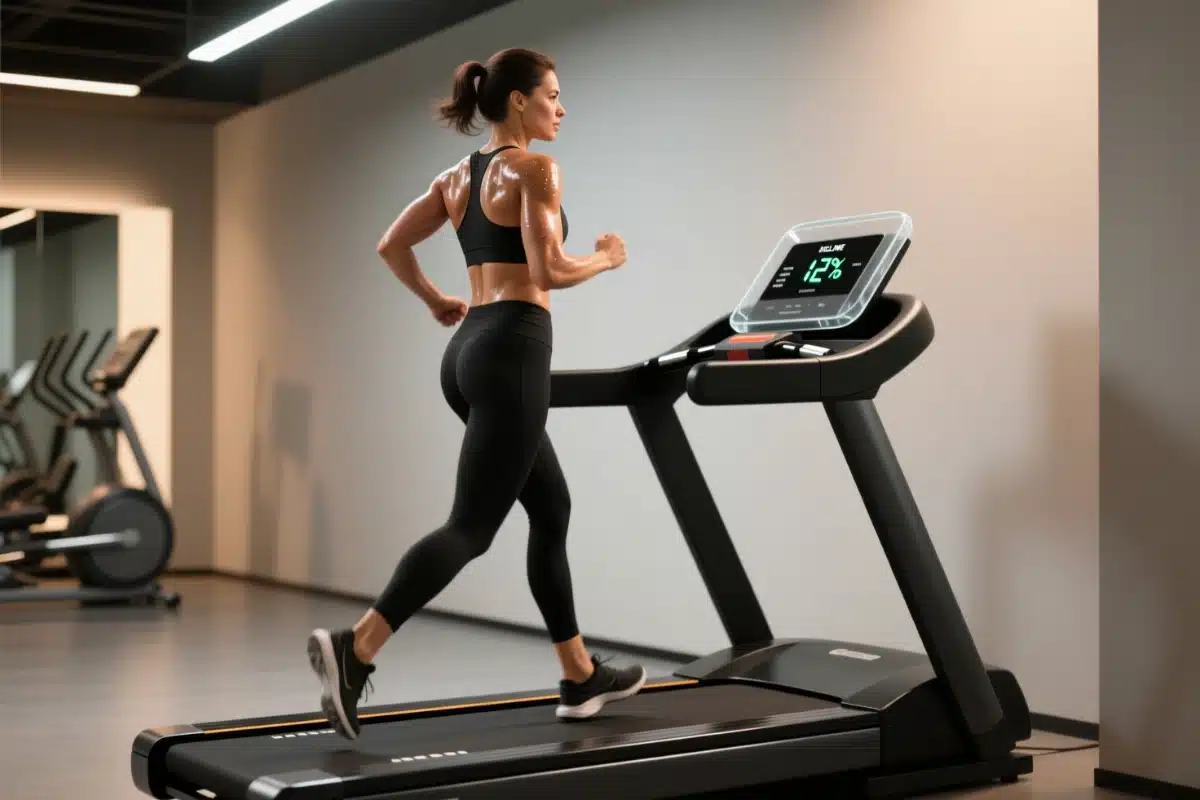 Femme marchant sur un tapis de course incliné selon la méthode 12-3-30, concentrée sur son entraînement cardio pour brûler les graisses et tonifier son corps.