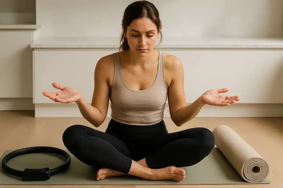 Femme qui hésite entre pilates ou yoga dans un salon lumineux
