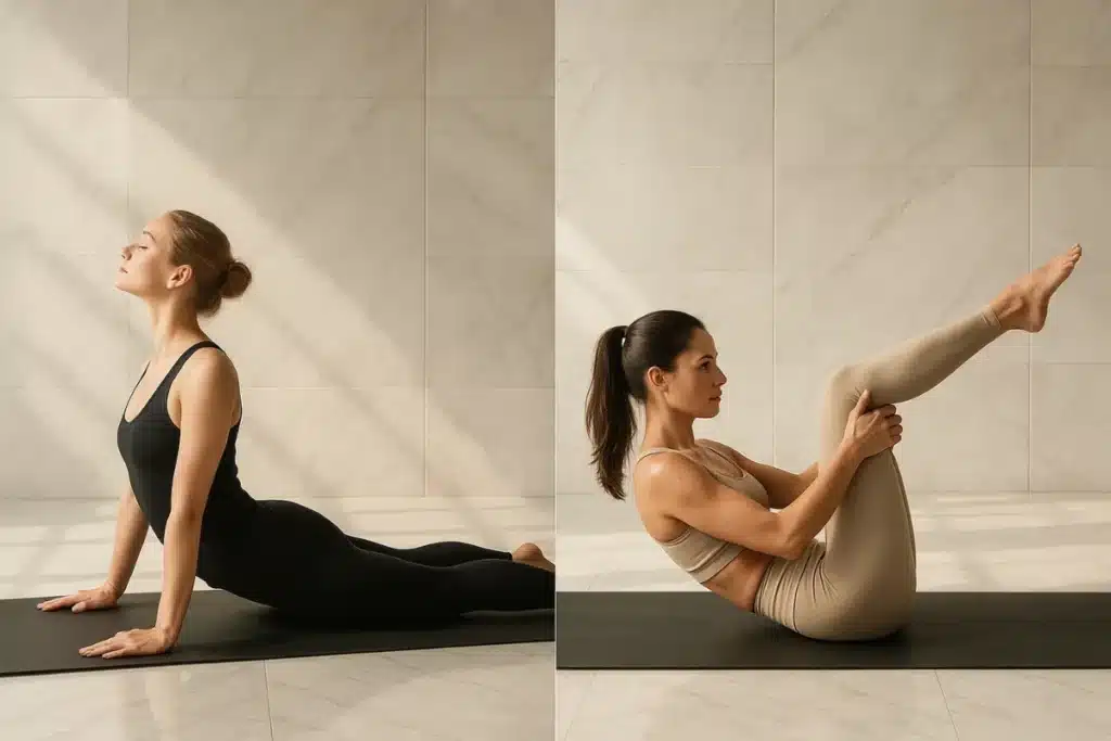 Comparaison visuelle entre pilates ou yoga sur un même tapis