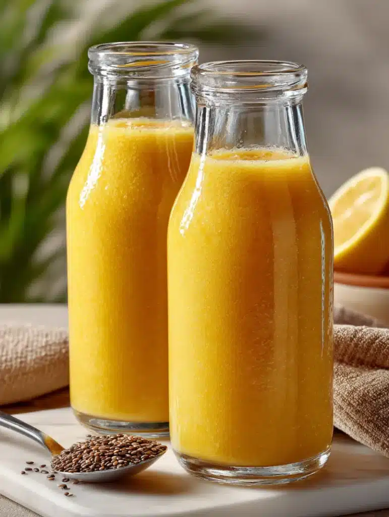 Deux bouteilles remplies de smoothie jaune frais avec cuillère de graines de chia, prêtes pour la conservation au réfrigérateur.