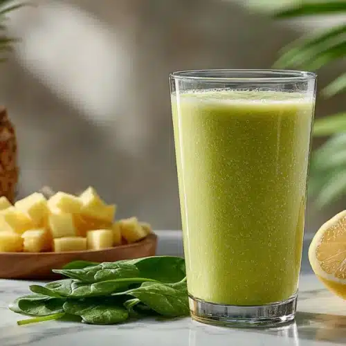 recette smoothie minceur citron gingembre dans un grand verre avec ananas, épinards et citron, boisson fraîche et légère pour perte de poids.