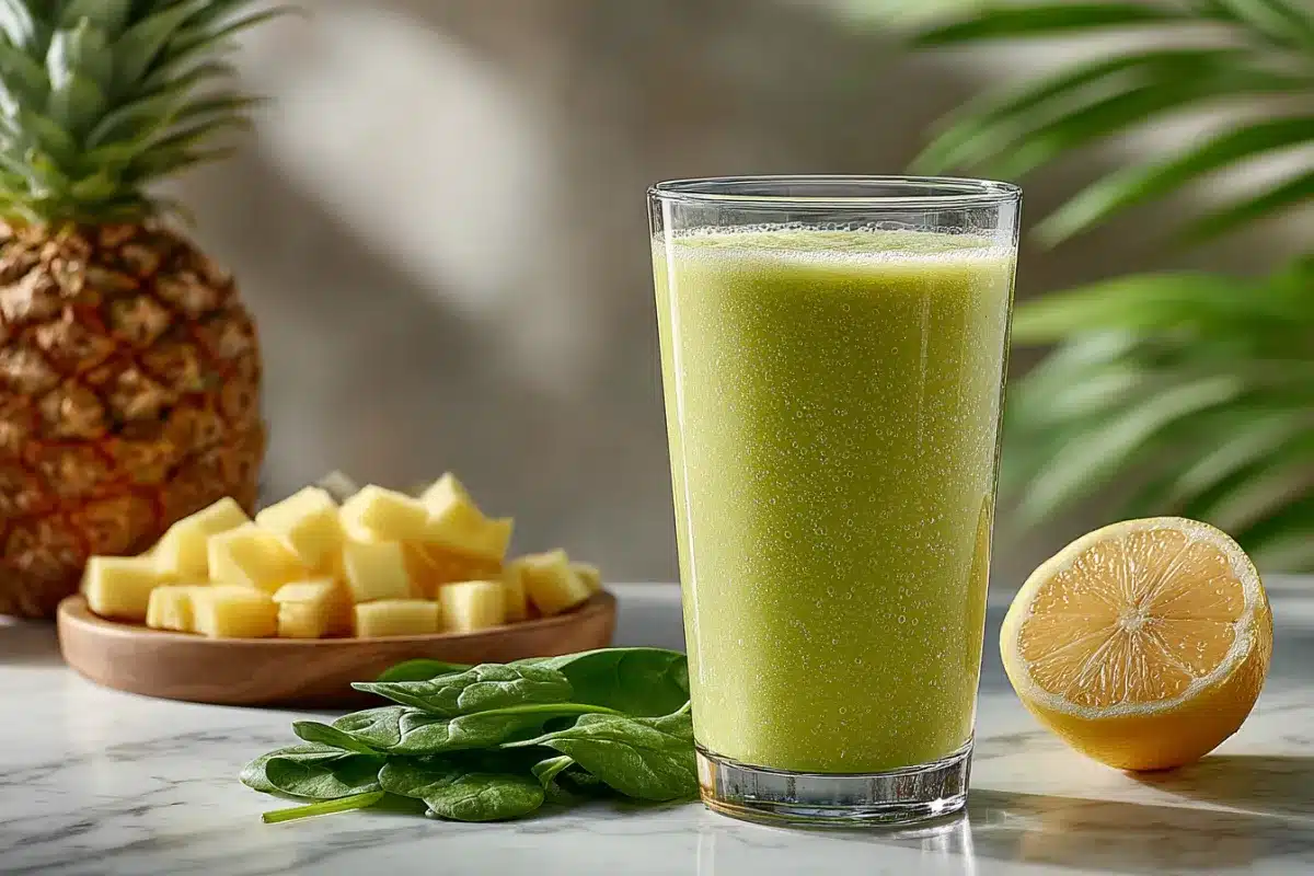 recette smoothie minceur citron gingembre dans un grand verre avec ananas, épinards et citron, boisson fraîche et légère pour perte de poids.