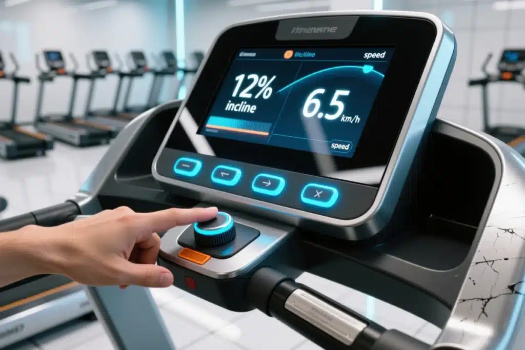 Main ajustant la vitesse et l’inclinaison à 12 % sur un tapis de course, représentant les réglages de la méthode 12-3-30.