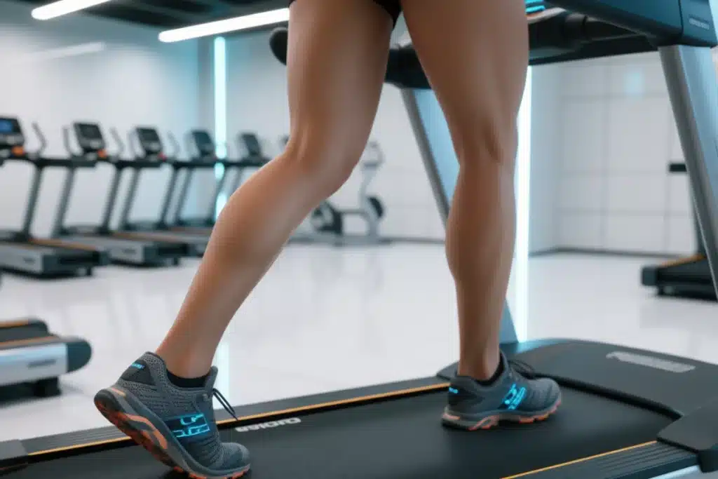 Plan rapproché sur des jambes toniques marchant en montée sur un tapis de course selon la méthode 12-3-30.