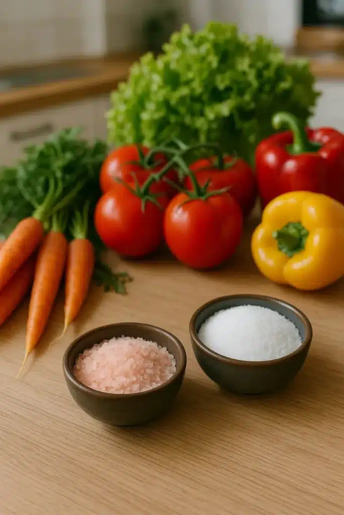 Comparaison visuelle sel rose, sel blanc et légumes autour de la recette sel rose régime