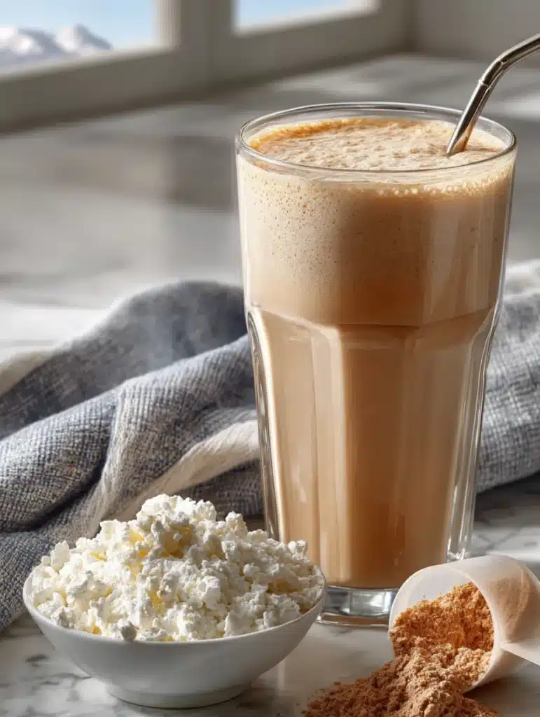 Smoothie protéiné dans un grand verre avec poudre de protéines et fromage blanc pour une version minceur riche en protéines.