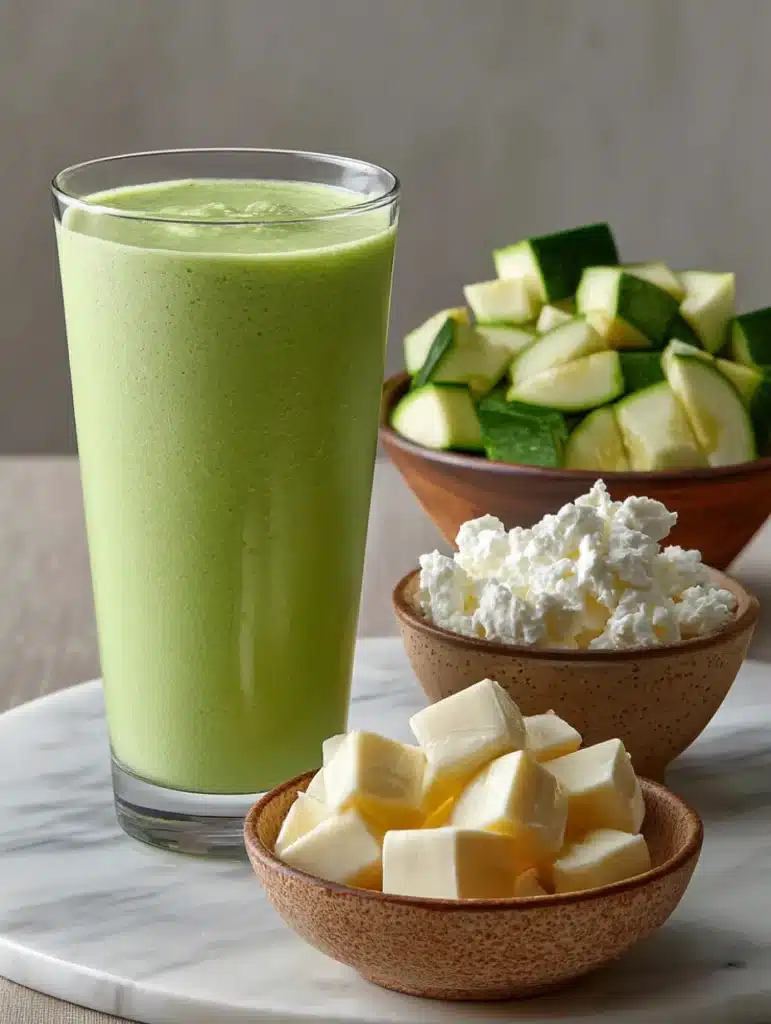 Smoothie vert crémeux sans banane accompagné de courgettes et de fromage blanc pour une version allégée et onctueuse.