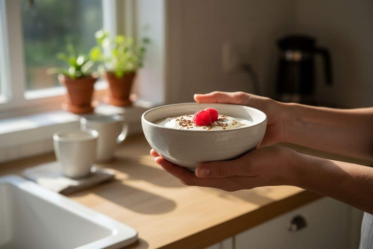 Repas végétarien minimaliste illustrant la philosophie suédoise Lagom et l'équilibre nutritionnel.