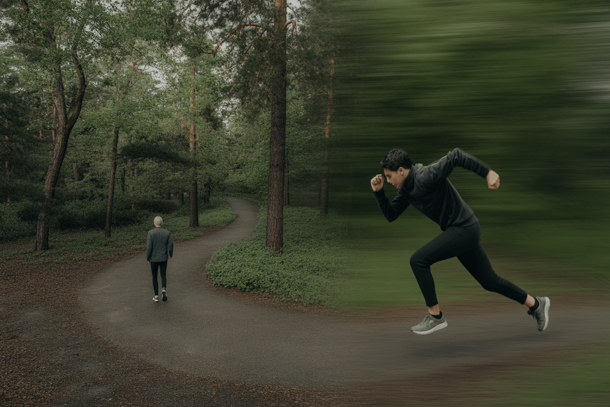 Représentation comparative entre une activité cardio en zone 2 (marche rapide, vélo elliptique) et une séance de HIIT (sprint) pour la perte de poids.