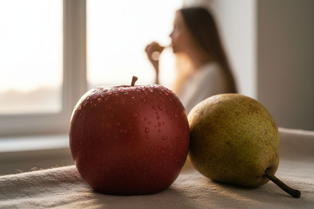 Pommes et poires fraîches riches en fibres solubles et pectine pour une satiété durable.
